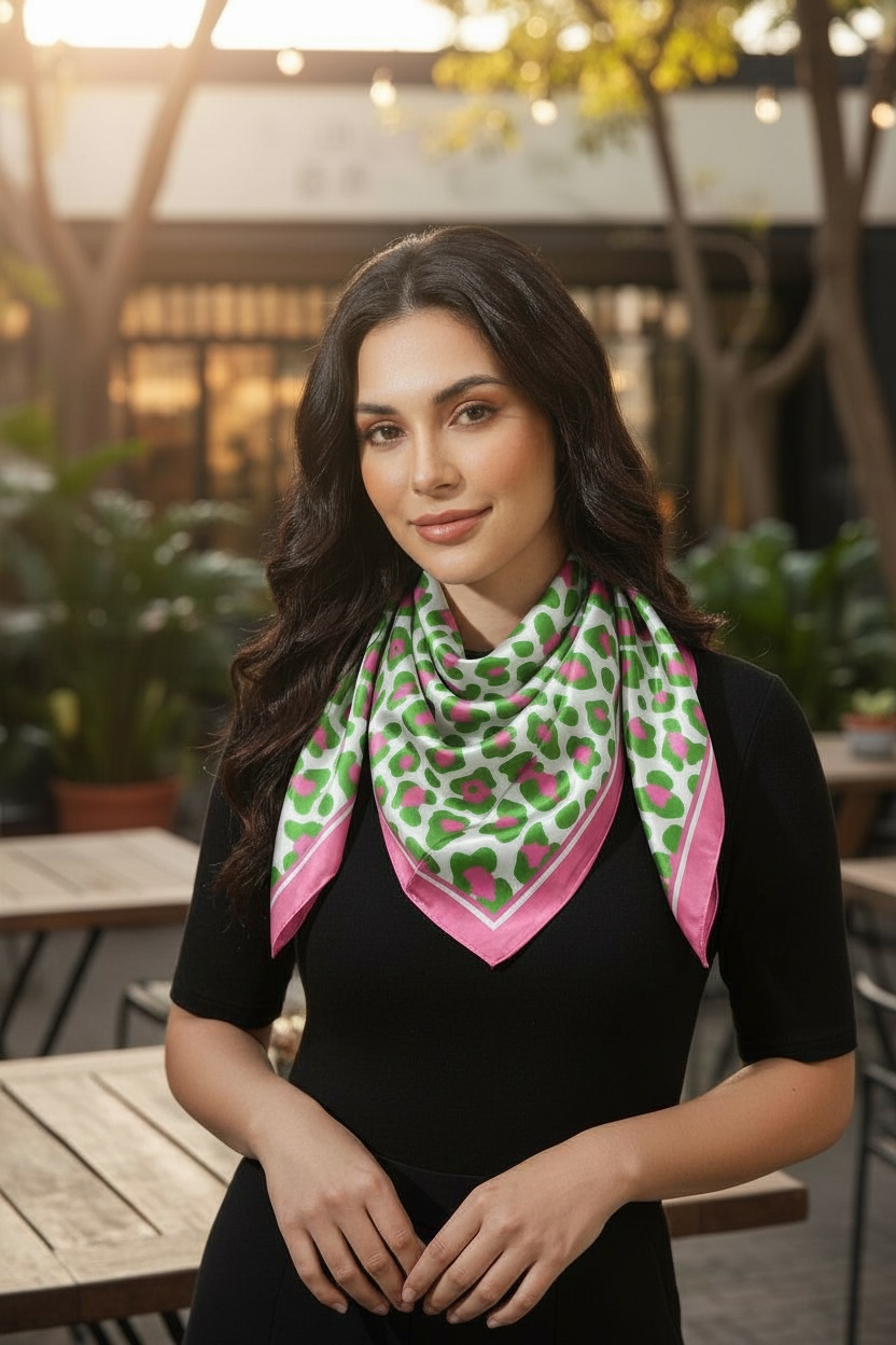 Leopard Pattern Printed Square Silky Satin Scarf Pink &Green