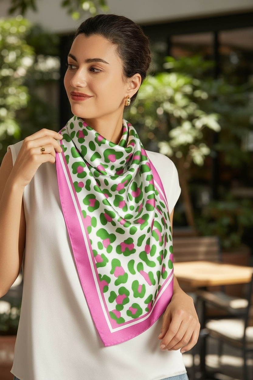 Leopard Pattern Printed Square Silky Satin Scarf Pink &Green