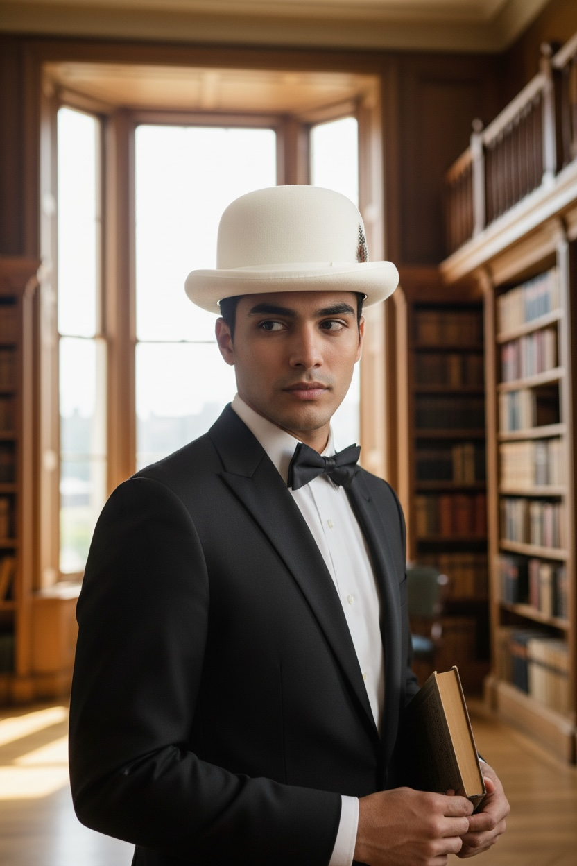 Men's Round Crown Bowler Stiff Wool Felt Derby Fedora Hats with Feather L64