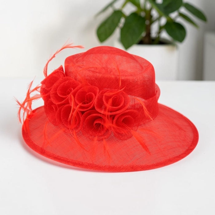 Women's Wider Brim Sinamay Church Derby Hat Flower Feather Trim with adjustable drawstring L62900