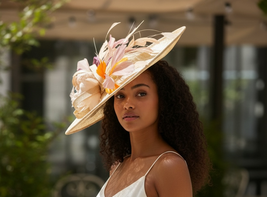 Women's Large Fashion Sinamay Dressy Derby Hat Light Gold with Headband L6105