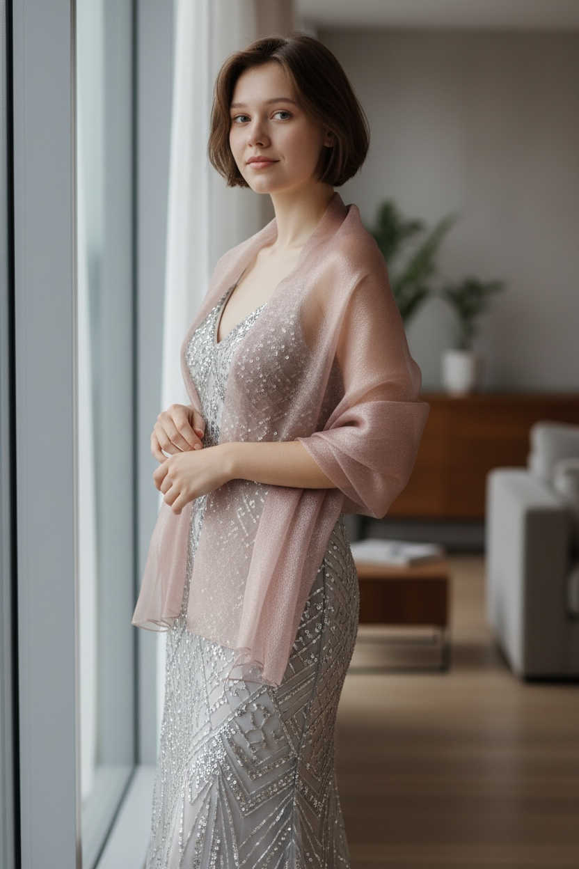 Women's Dressy Shawl Wrap See Through Silk Mixed Double Layered Glittery for Party