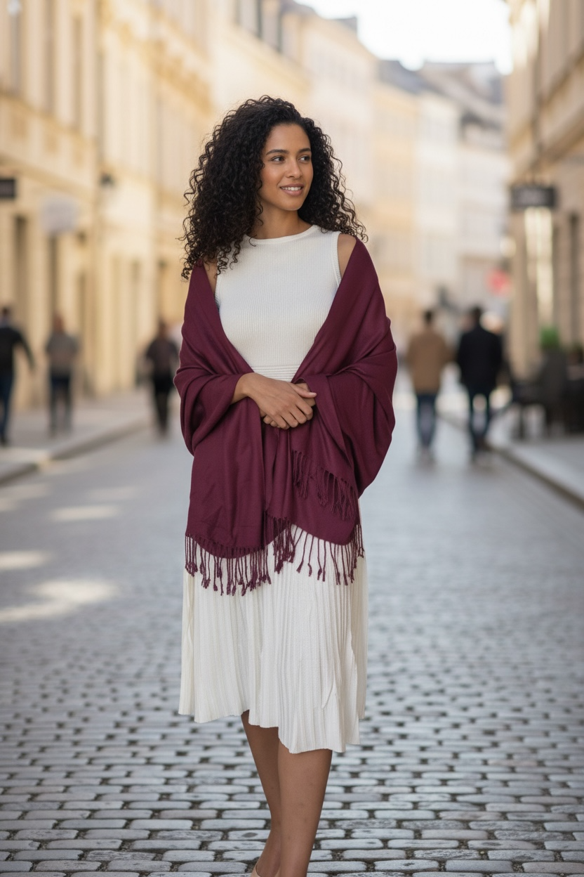 Women's Cotton Feel Solid Color Pashmina Scar Shawl with Fringe