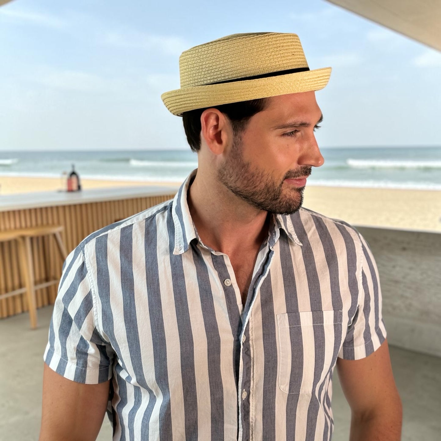Men's Spring Summer Men's Straw Porkpie Solid Color with Up Turn Short Brim L1857