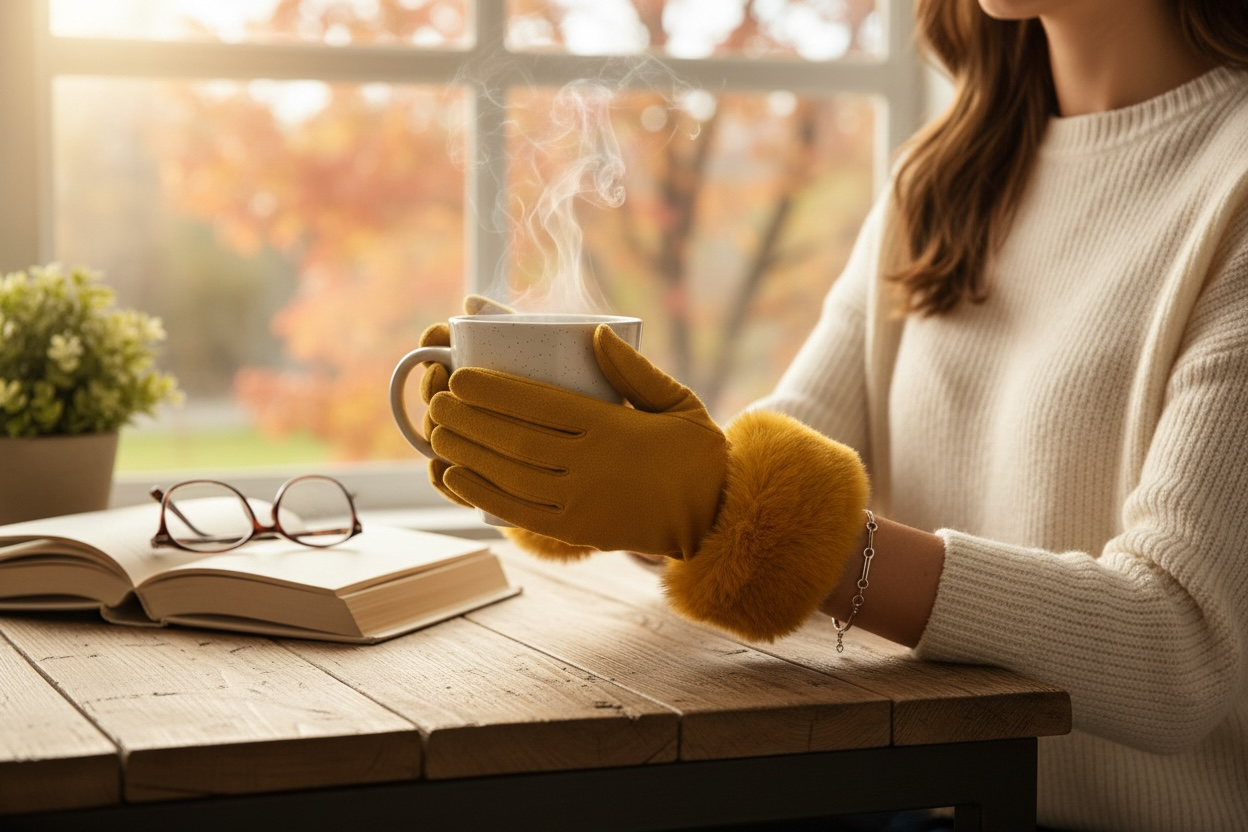 Faux Swede Glove for Women with Faux Fur Trim