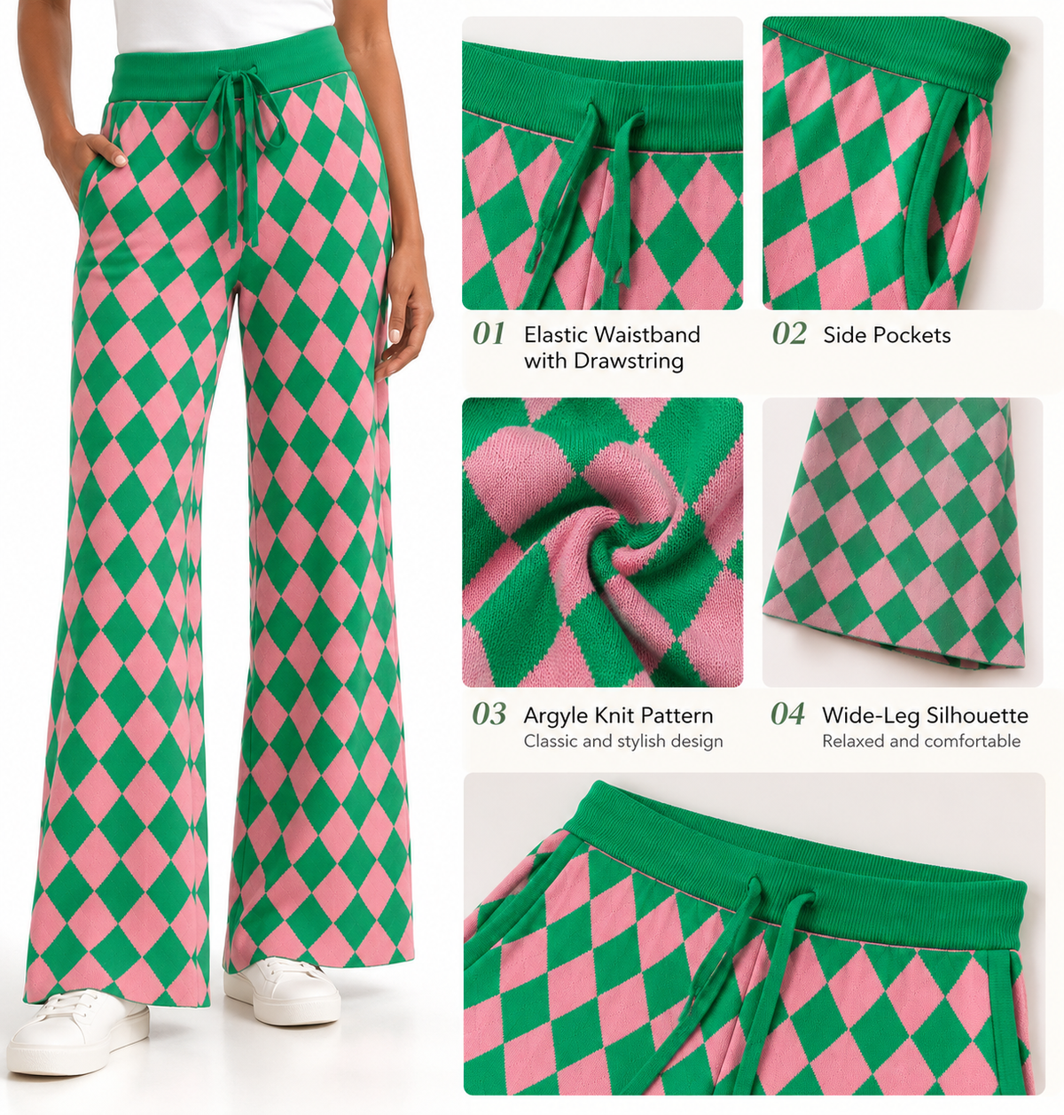 Women's Pink/Green Argyle Relaxed Wide-Leg Knit Pants