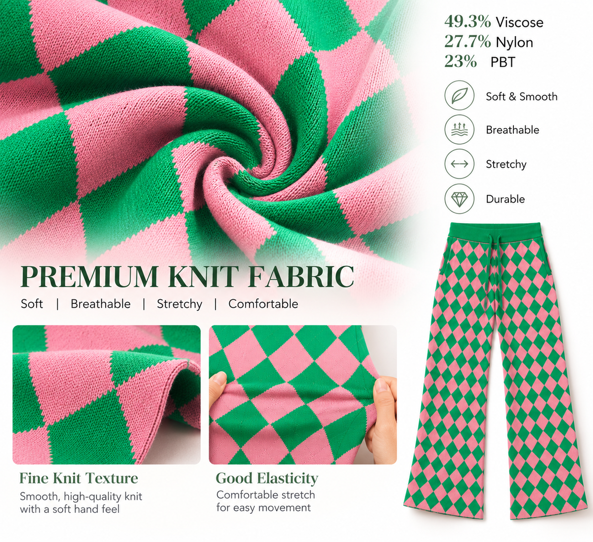 Women's Pink/Green Argyle Relaxed Wide-Leg Knit Pants