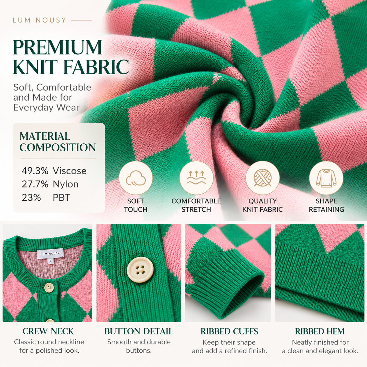 Women's Cardigan Pink/Green Argyle Knit Sweater