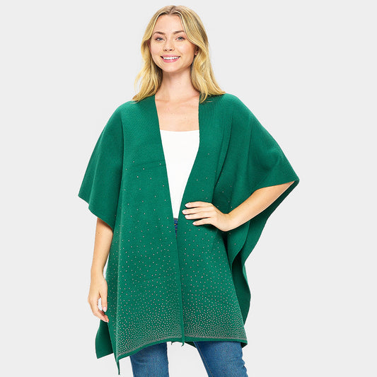 Women's Knitted Thick Bling Bling Rhinestone Solid Ruana Poncho