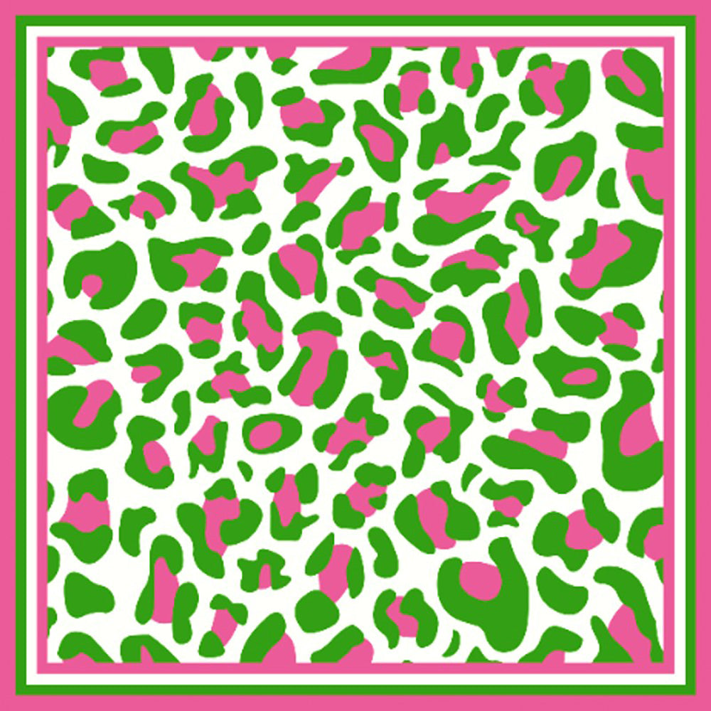 Leopard Pattern Printed Square Silky Satin Scarf Pink &Green