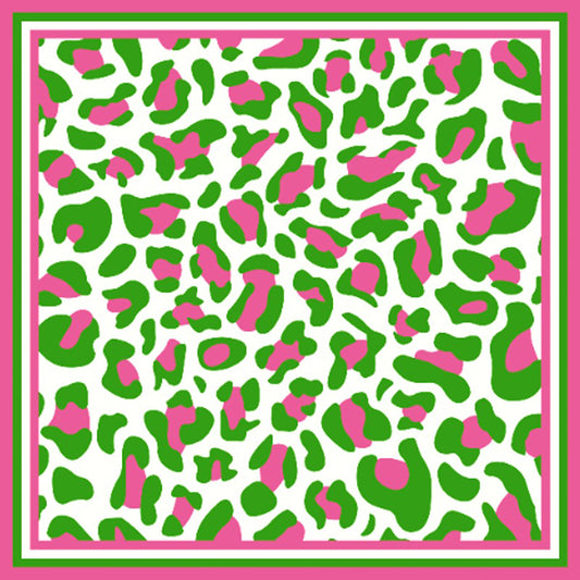 Leopard Pattern Printed Square Silky Satin Scarf Pink &Green
