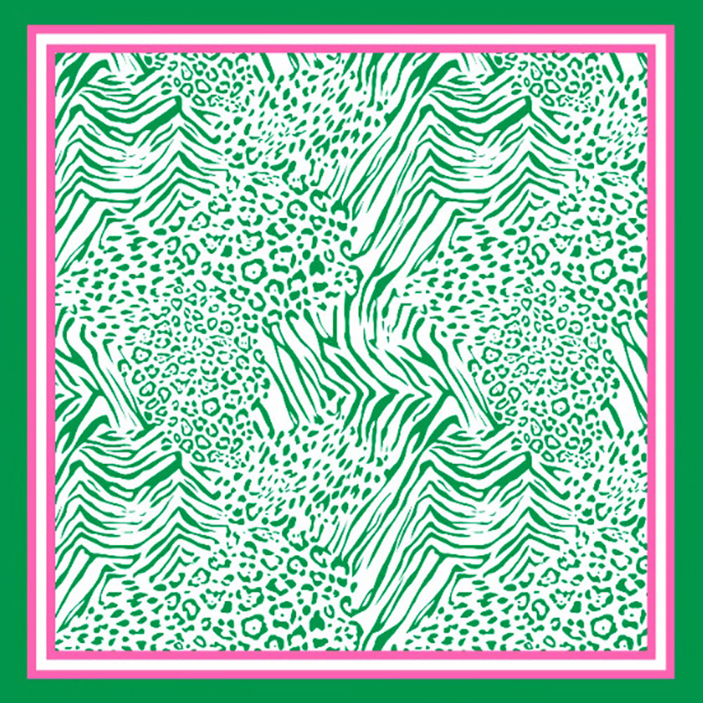 Leopard Pattern Printed Square Silky Satin Scarf Pink &Green