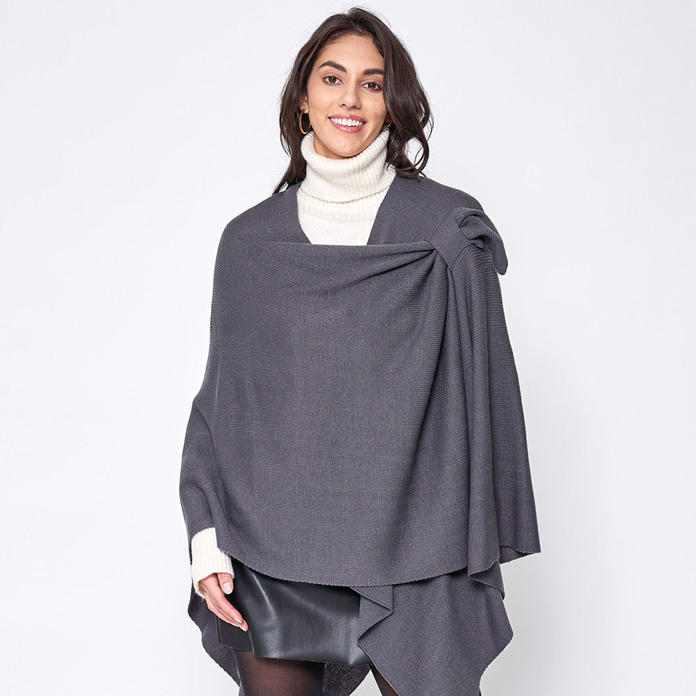 Women's Solid Color Knitted Ruana Poncho Wraps with Shoulder Strap