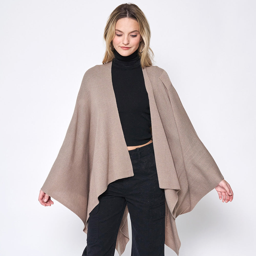 Women's Solid Color Knitted Ruana Poncho Wraps with Shoulder Strap