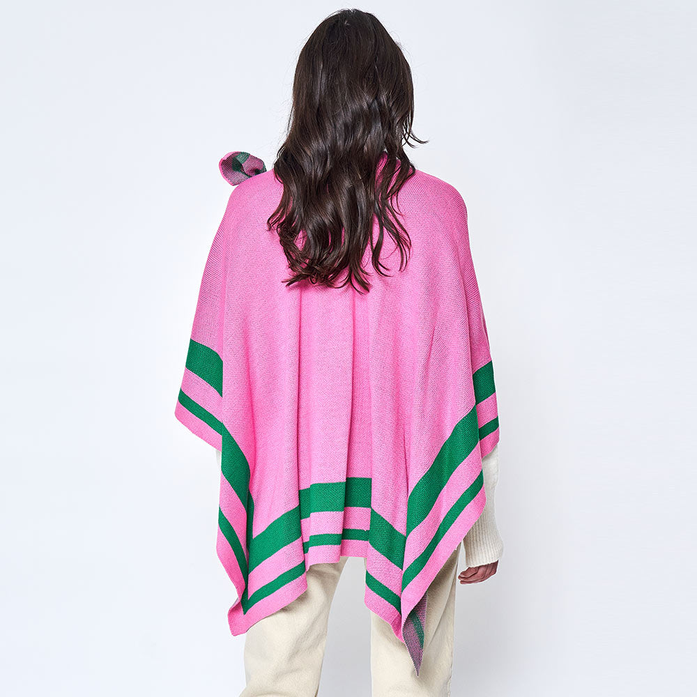 Bordered Color Women's Block Ruana Poncho Wraps with Shoulder Strap w Sweater Fabric