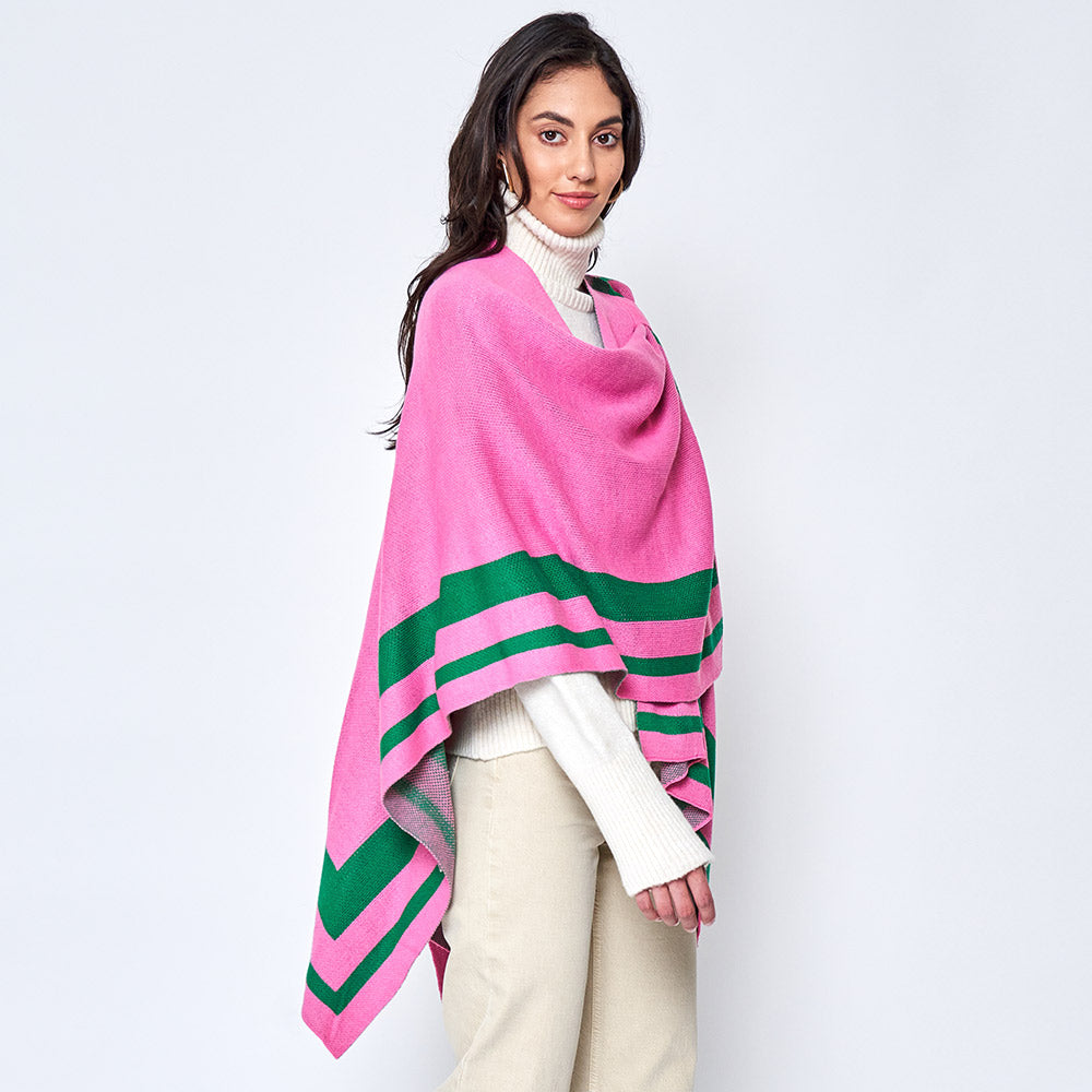 Bordered Color Women's Block Ruana Poncho Wraps with Shoulder Strap w Sweater Fabric