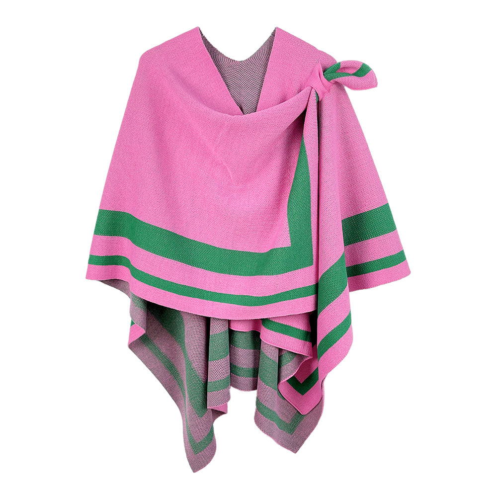 Bordered Color Women's Block Ruana Poncho Wraps with Shoulder Strap w Sweater Fabric