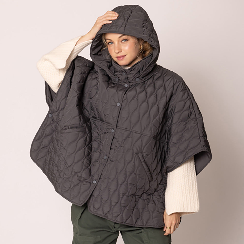 Women's Quilted Wave Pattern Padded Cape with Detachable Hoodie