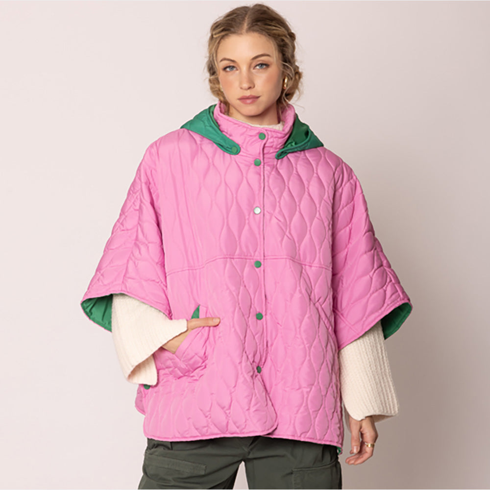 Women's Quilted Wave Pattern Padded Cape with Detachable Hoodie