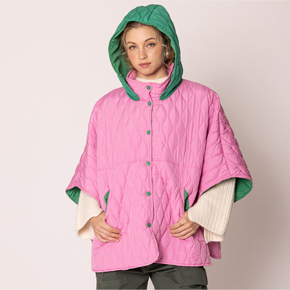Women's Quilted Wave Pattern Padded Cape with Detachable Hoodie