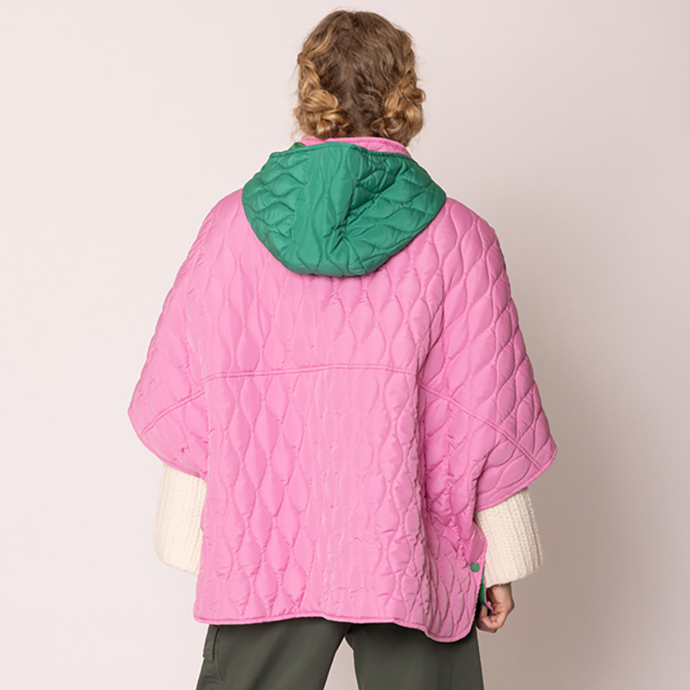 Women's Quilted Wave Pattern Padded Cape with Detachable Hoodie