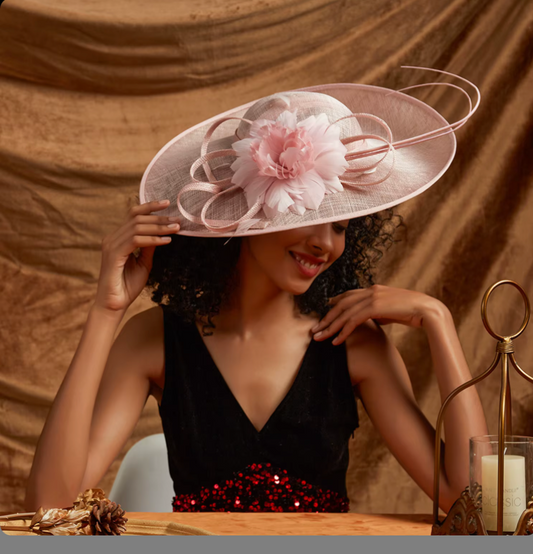 Women's Wide Brim Sinamay Elegant Flower Church Fascinator Hat with Feather