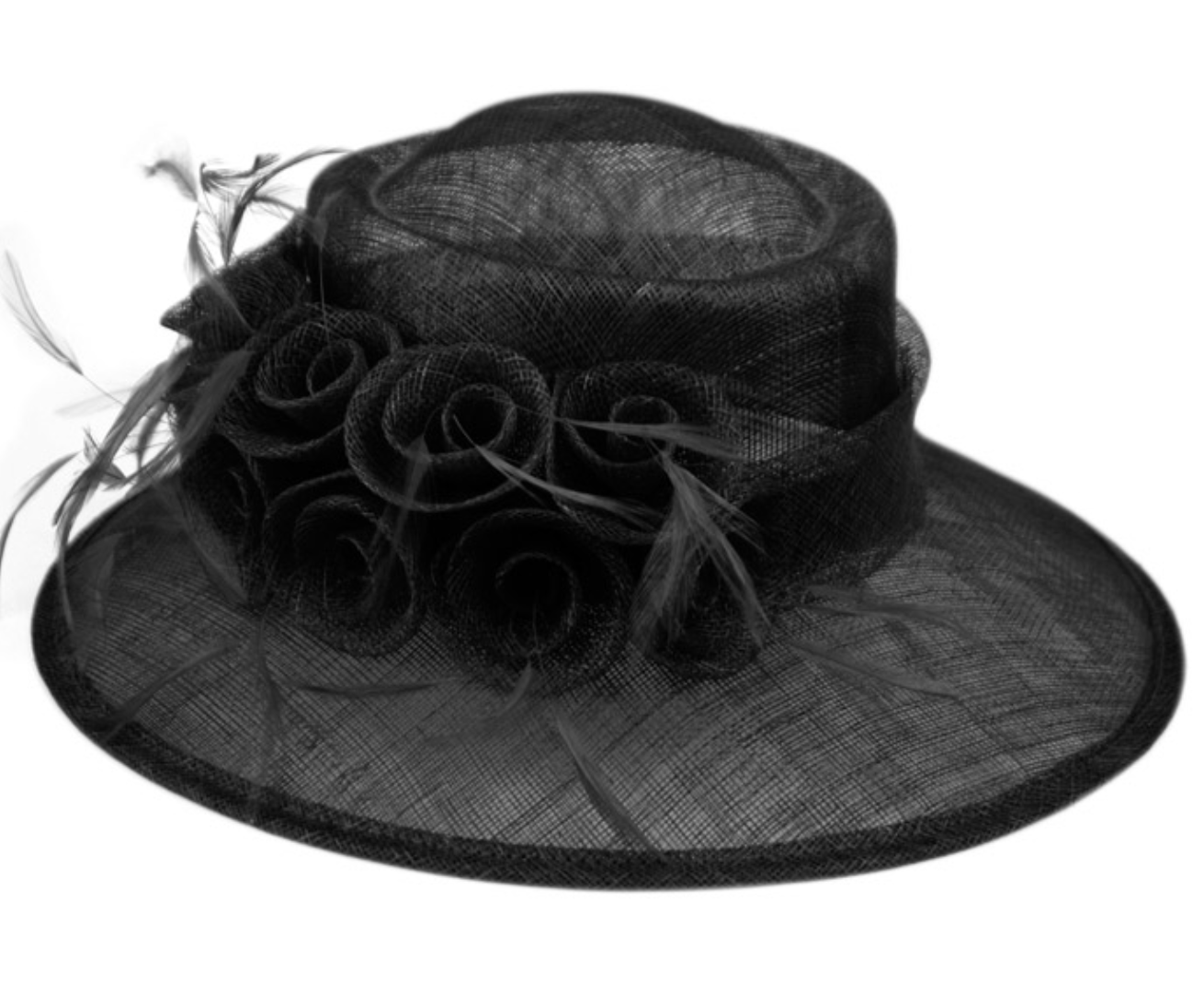 Women's Wider Brim Sinamay Dress Church Derby  Hat Flower Feather Trim with adjustable drawstring 62900