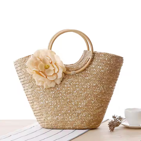 Fashion Women's Straw Handbags Tote Summer Beach with Flower