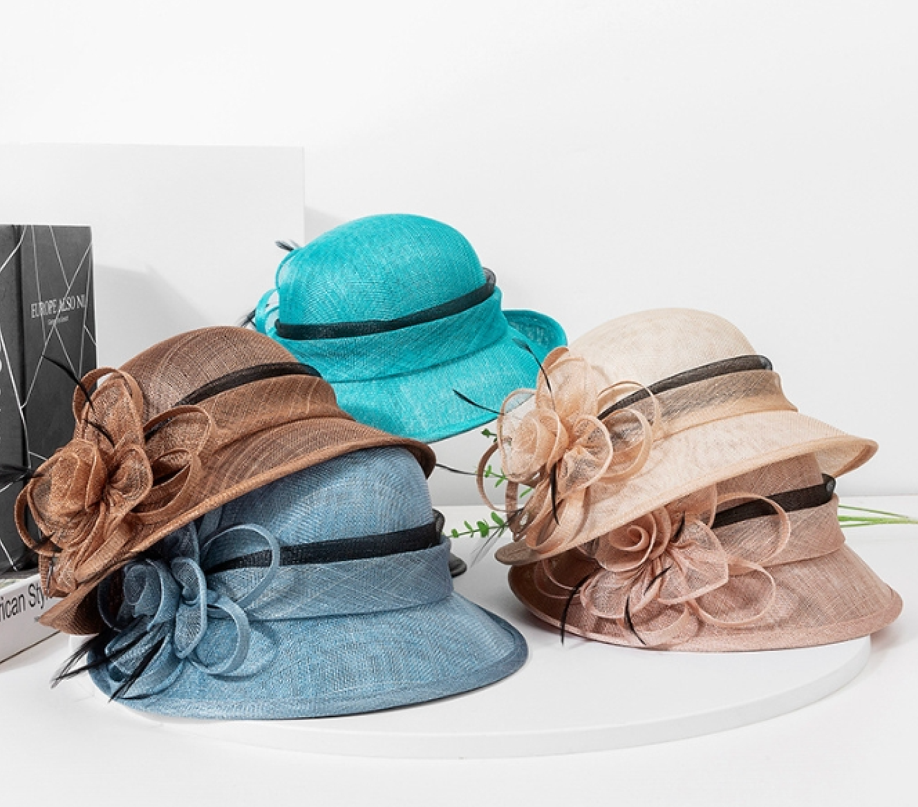 Two Tone Women's Small Brim Tea Party Hat with Flower L6110