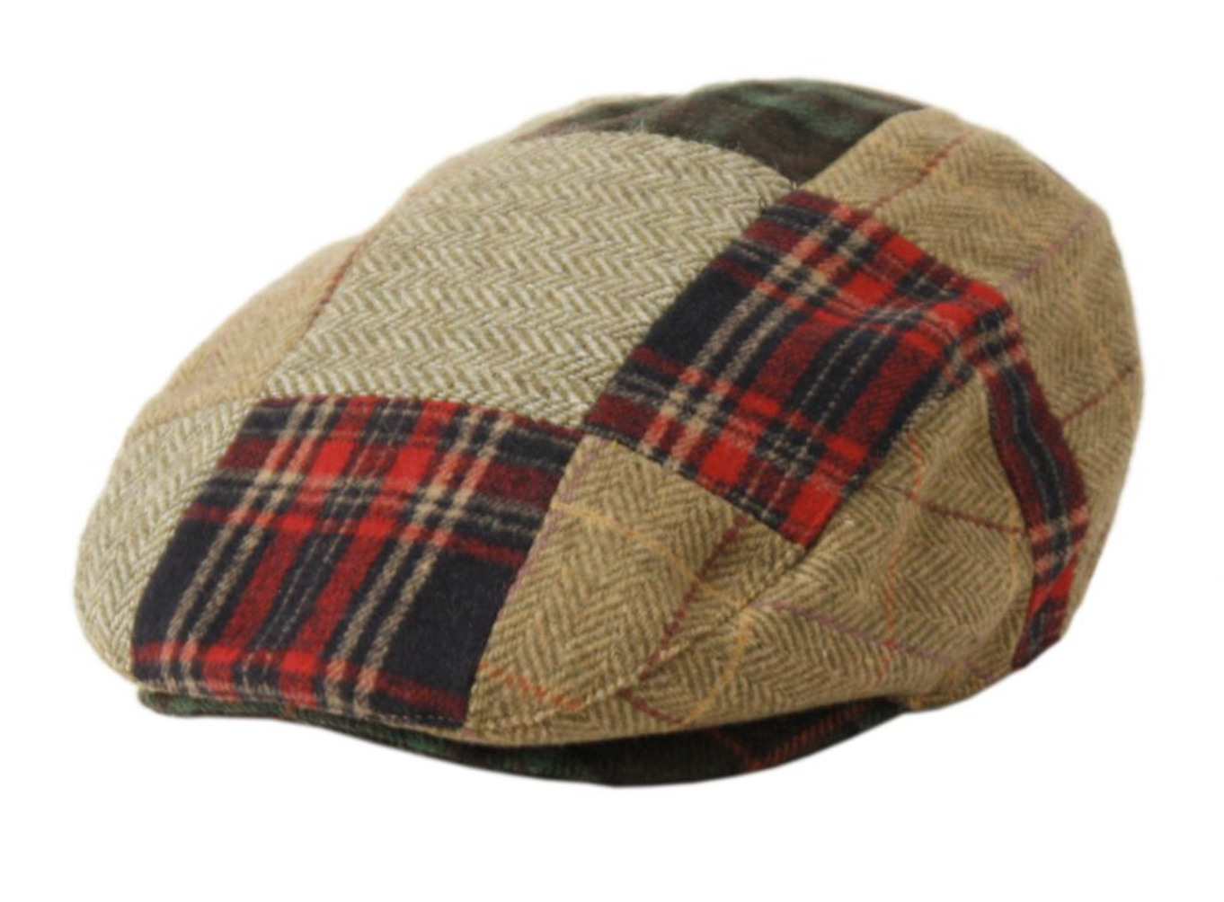 Men's Narrow Fit Tweed Herringbone Wool Patch Work Plaid Ivy Caps W/Cloth Fabric Lining