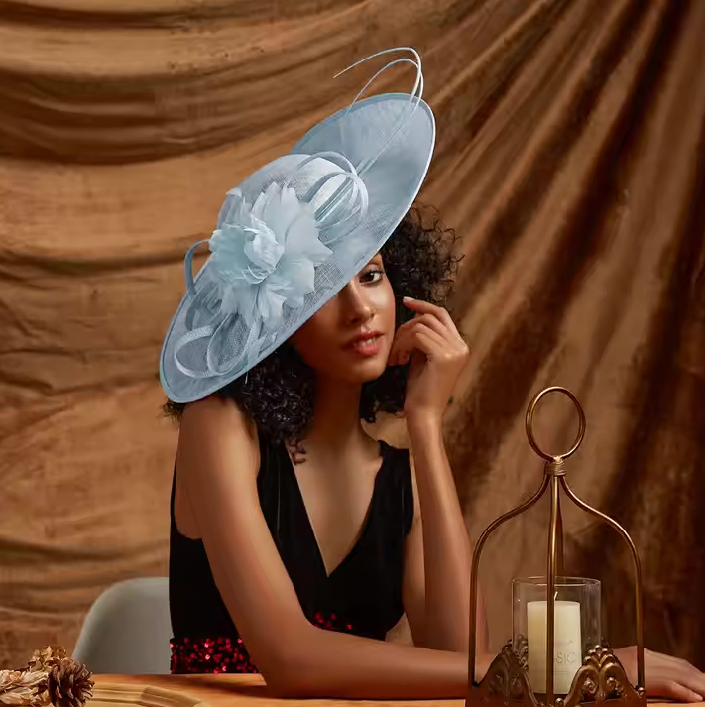 Women's Wide Brim Sinamay Elegant Flower Church Fascinator Hat with Feather 69177