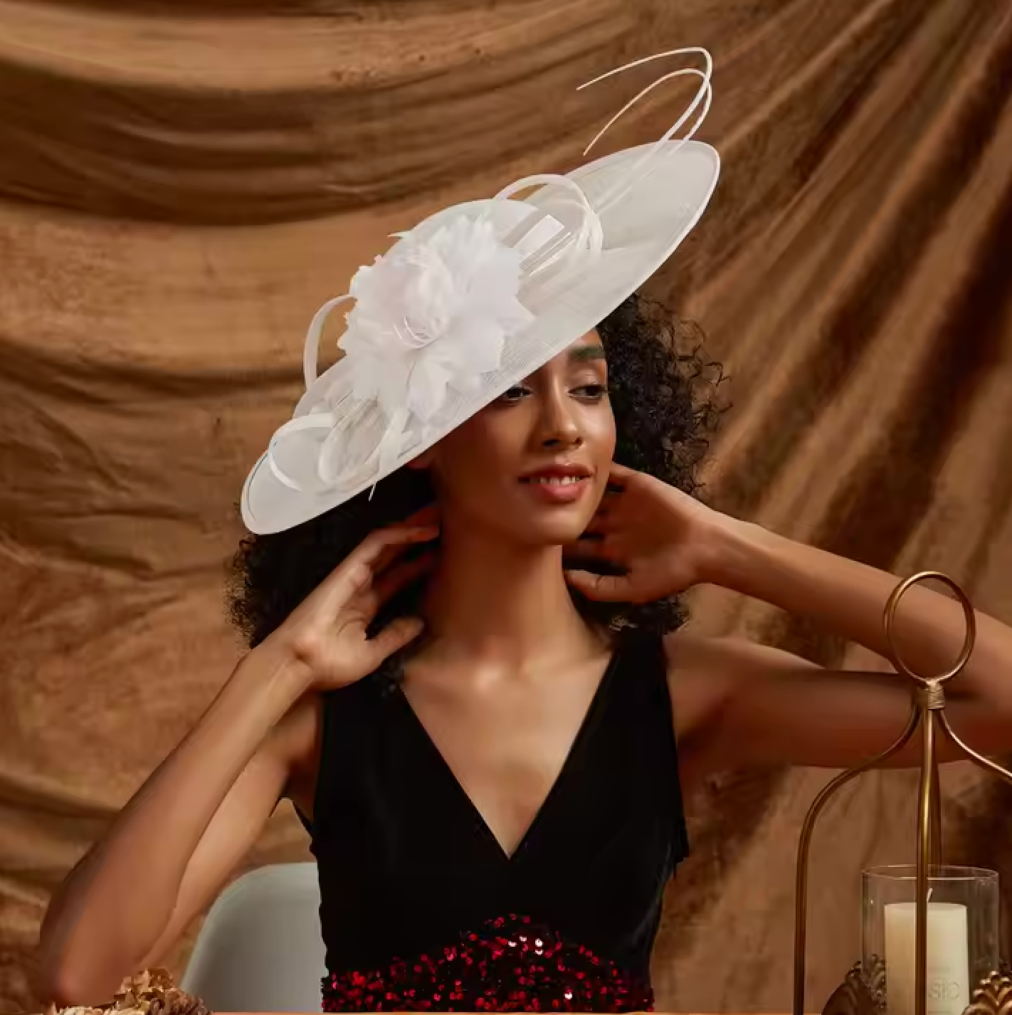 Women's Wide Brim Sinamay Elegant Flower Church Fascinator Hat with Feather 69177