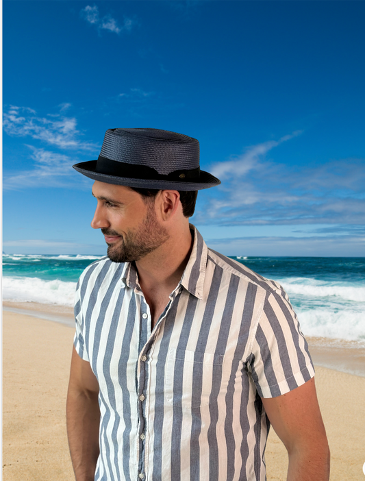 Men's Solid Color Polyester Straw Pork Pie Hat w Elastic Drawstring L2811