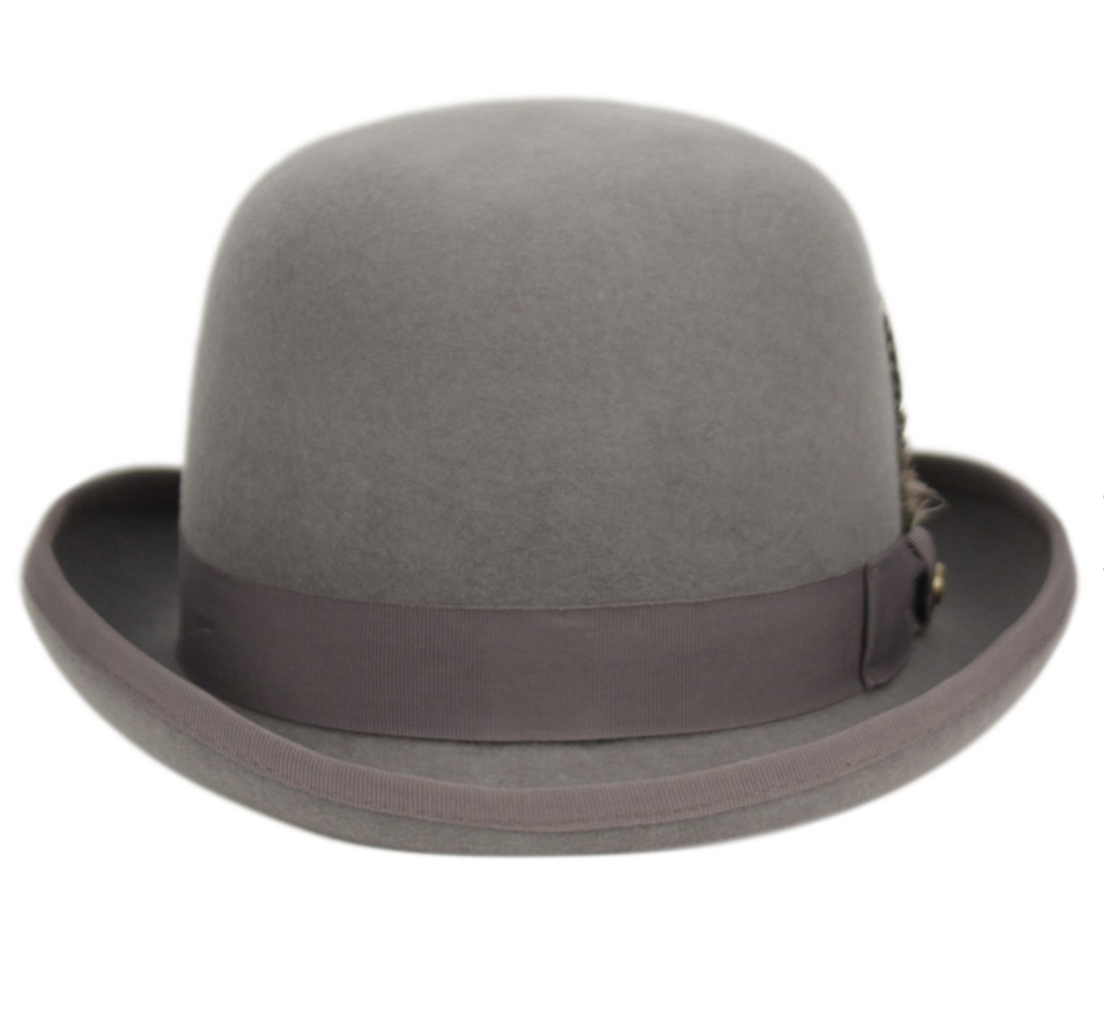 Men's Round Crown Bowler Stiff Wool Felt Derby Fedora Hats with Feather L64