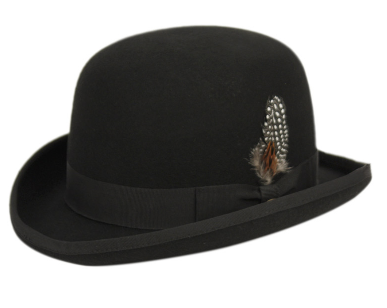 Men's Round Crown Bowler Stiff Wool Felt Derby Fedora Hats with Feather L64