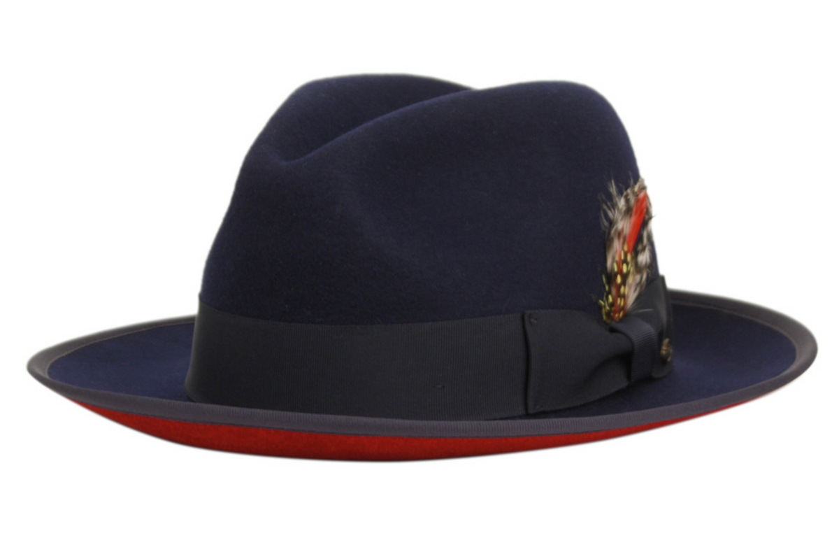 Men's Red Velvet Bottom Wool felt fedora hats & feather with adjustable velcro L122