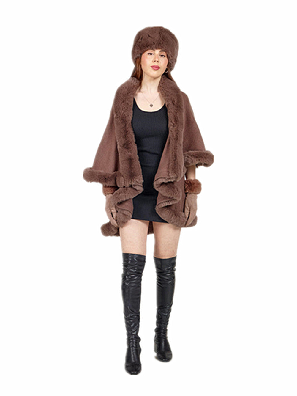 Women's Faux Fur Double Layer Poncho LP801