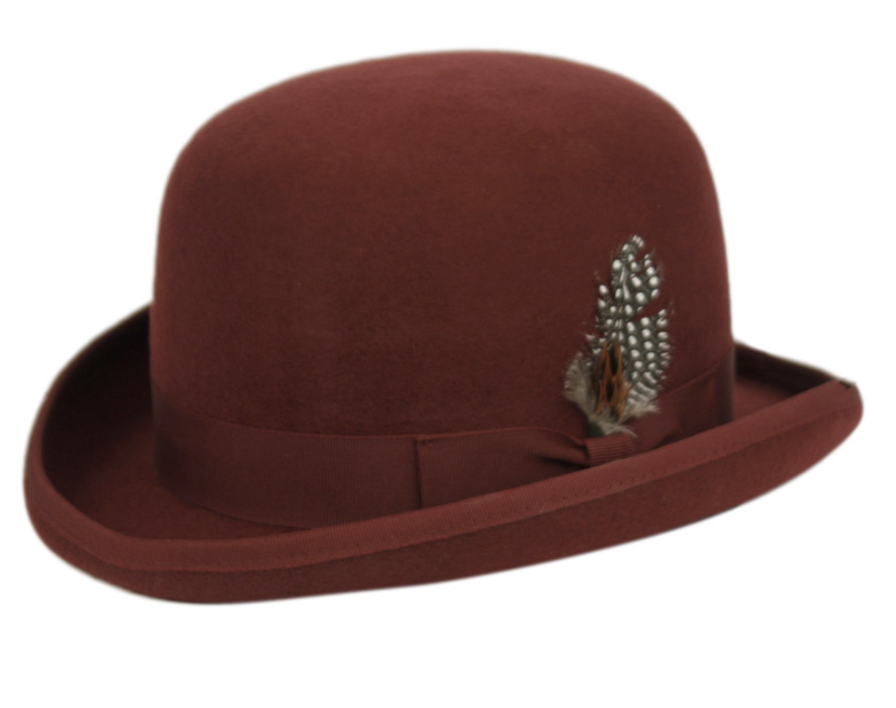 Men's Round Crown Bowler Stiff Wool Felt Derby Fedora Hats with Feather L64