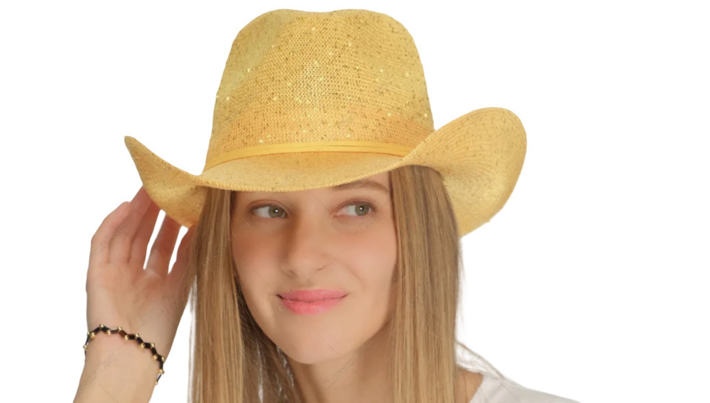 Women's Sequins Cowboy UPF 50+ Sun Protection Cowgirl Hat with Suede String Trim Band L03