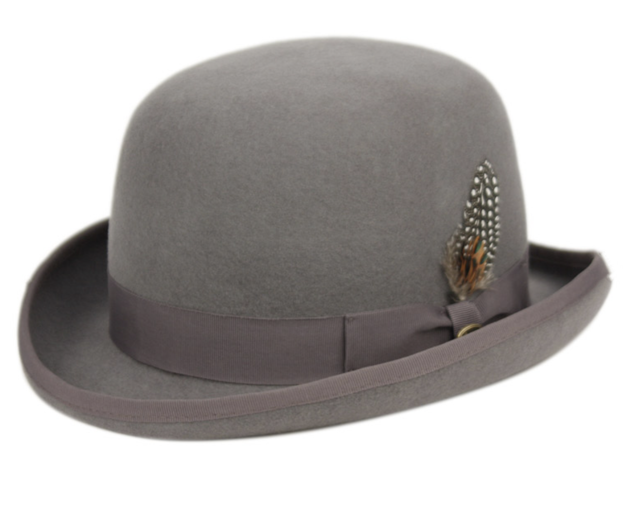 Men's Round Crown Bowler Stiff Wool Felt Derby Fedora Hats with Feather L64