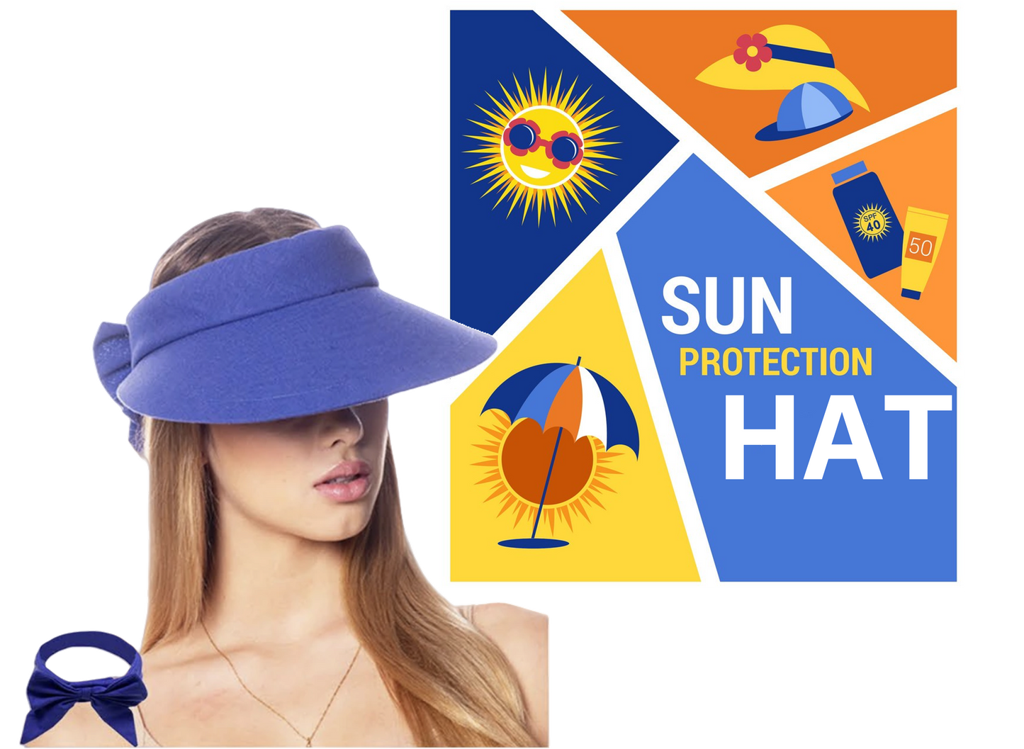 Women's Oversized Cotton Solid Color Visor 50+ Sun Protection With Back Bow 2722