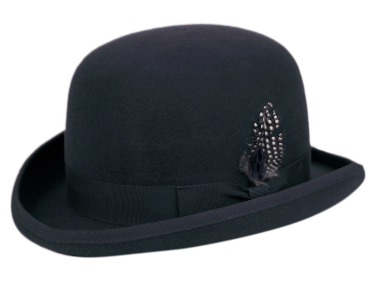 Men's Round Crown Bowler Stiff Wool Felt Derby Fedora Hats with Feather L64