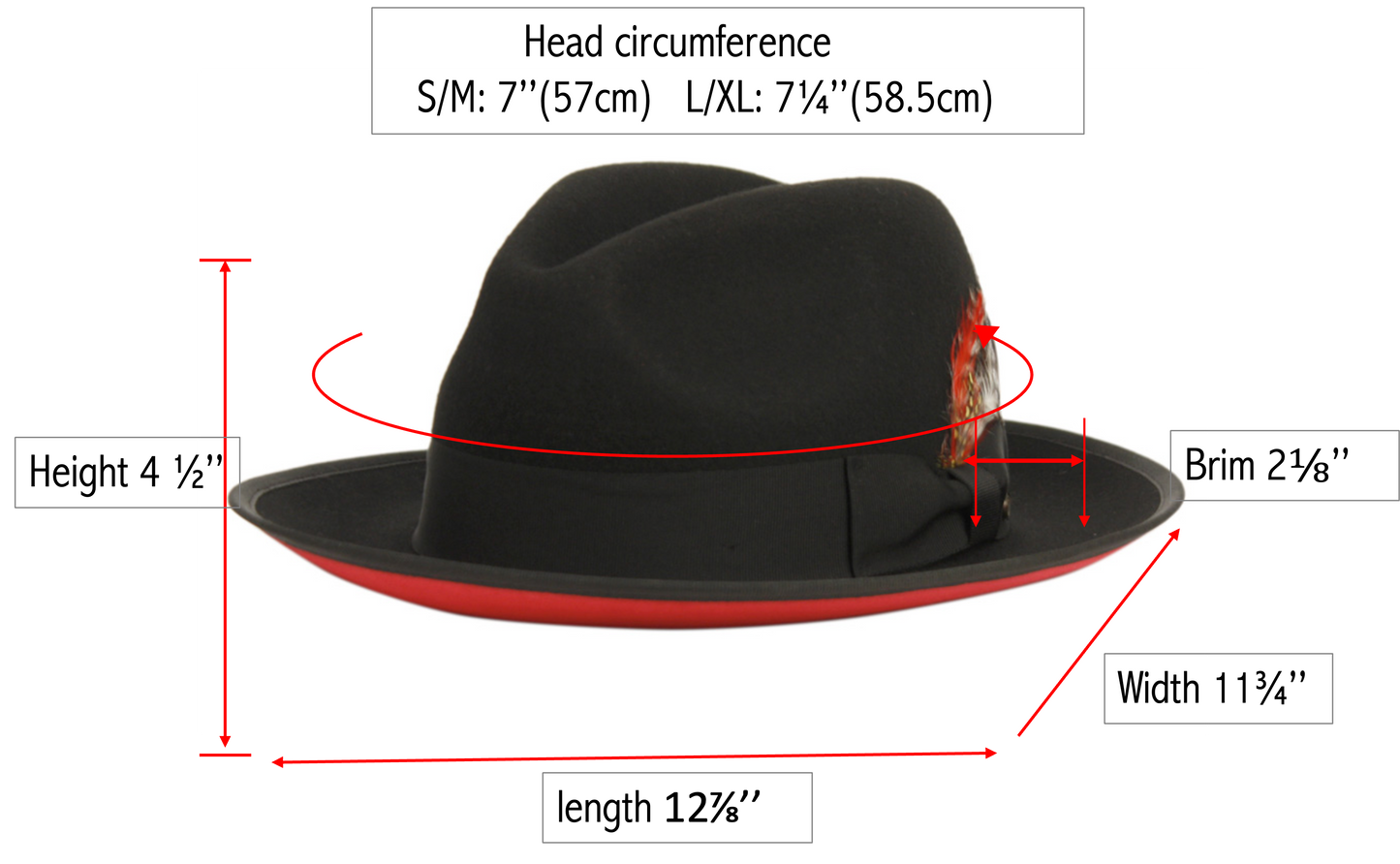 Men's Red Velvet Bottom Wool felt fedora hats & feather with adjustable velcro