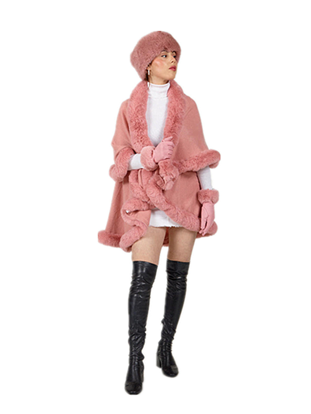 Women's Faux Fur Double Layer Poncho LP801