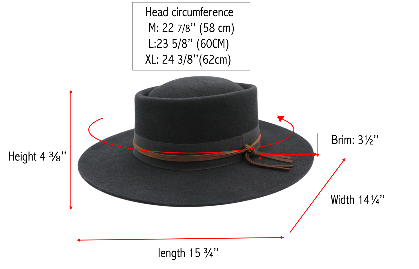 Unsex Wide Brim Wool Fedora  Round Top with Inside Adjustable Velcro Band