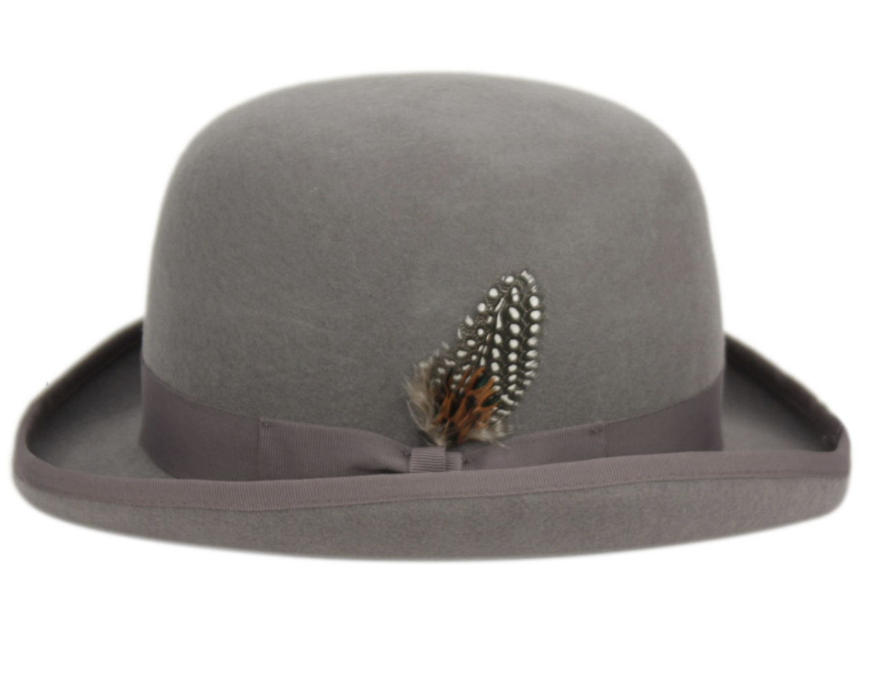 Men's Round Crown Bowler Stiff Wool Felt Derby Fedora Hats with Feather L64