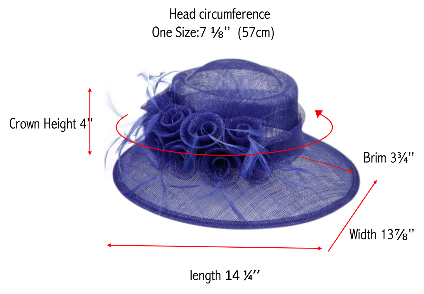 Women's Wider Brim Sinamay Church Derby Hat Flower Feather Trim with adjustable drawstring L62900