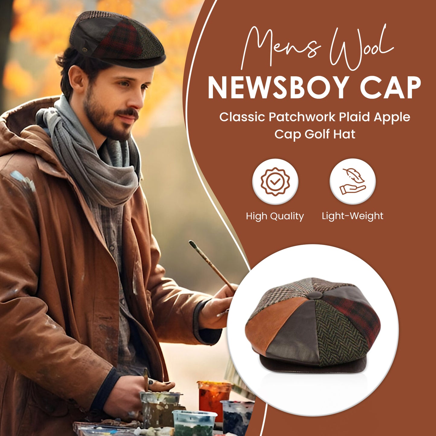 Wool Blend Patch Work Newsboy Cap With Quilted Satin Lining front snap button
