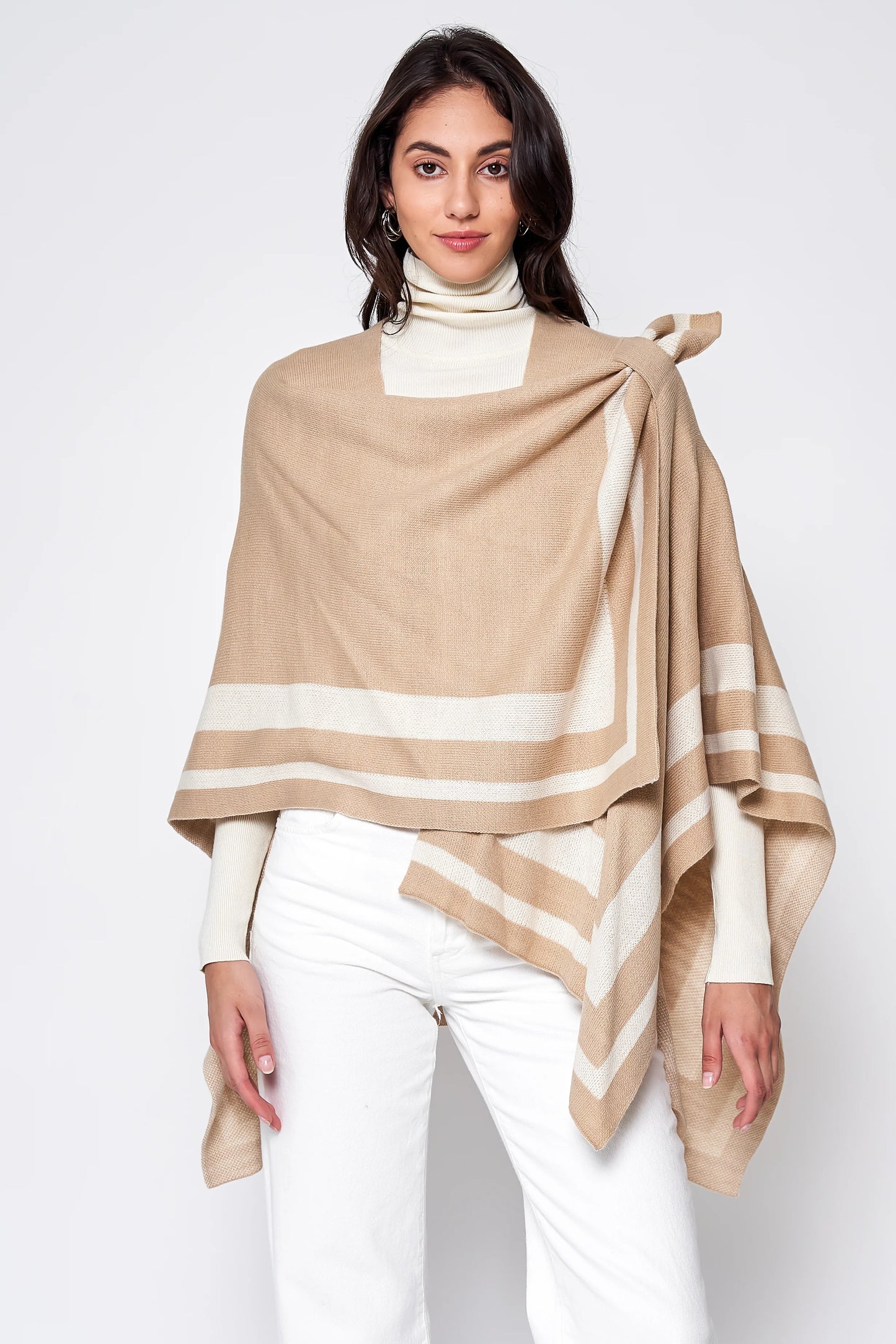 Bordered Color Block Ruana Poncho Wraps with Shoulder Strap