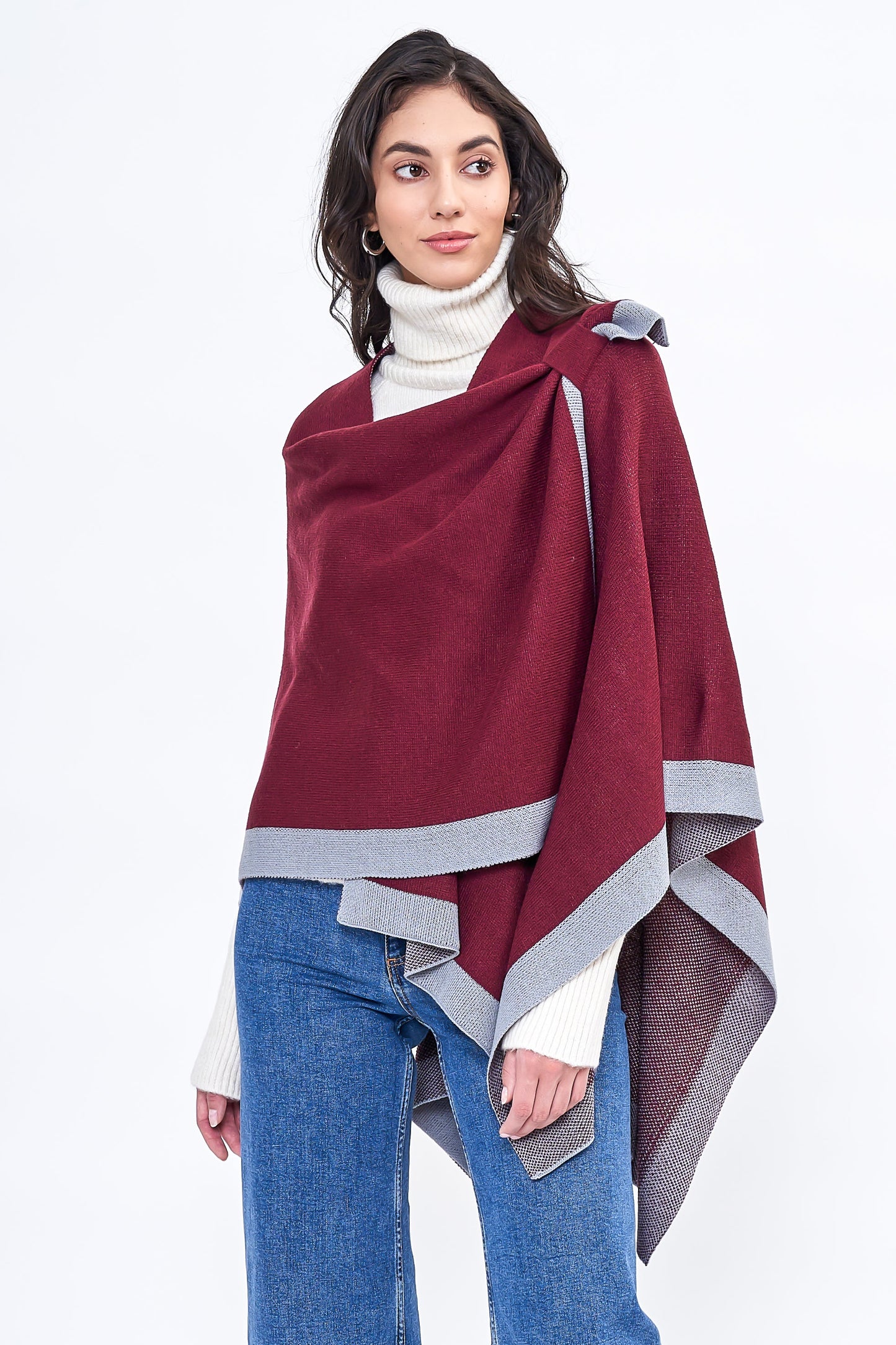 Bordered Color Block Ruana Poncho Wraps with Shoulder Strap